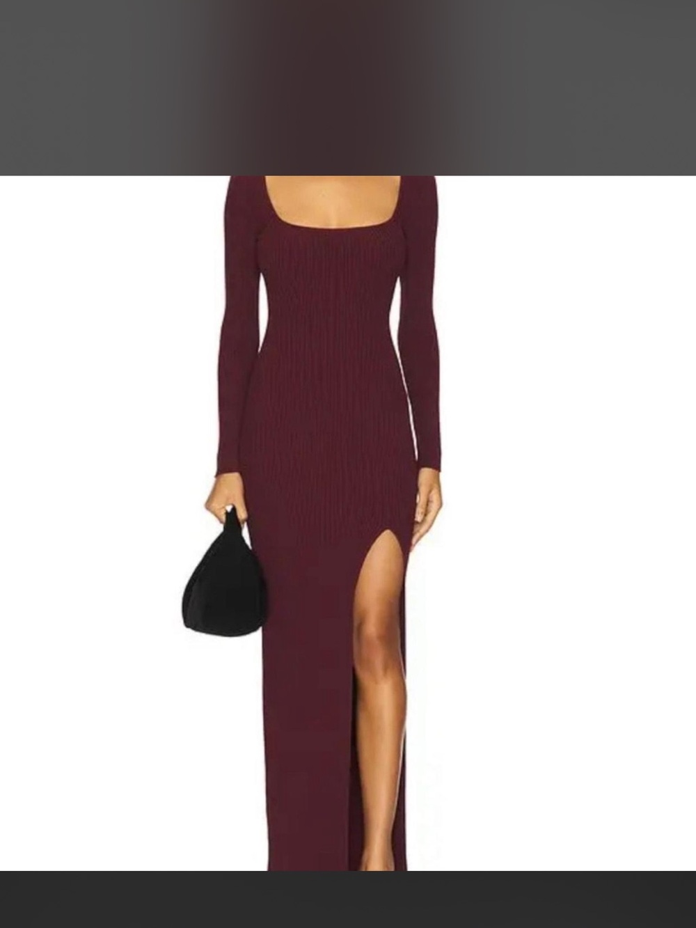 Good American Ribbed Long Sleeve Burgundy Midi Dress with High Slit